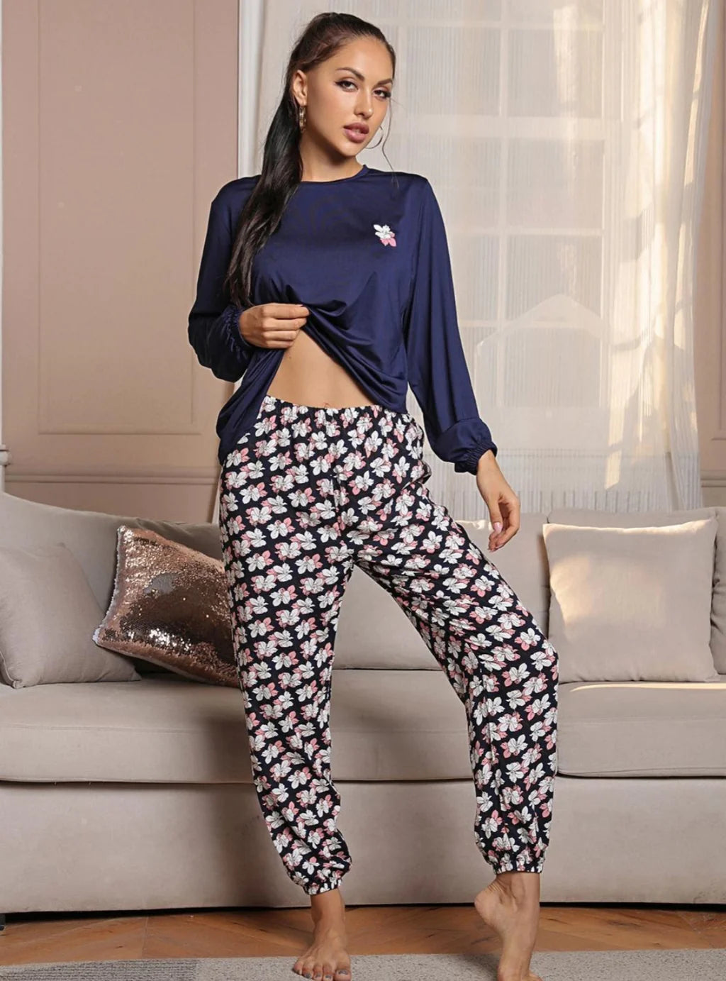 FASHION LONG SLEEVE FLORAL TROUSERS TWO-PIECE SUIT Trousers cozy comfortable