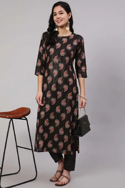 Black Cotton Ethnic Printed Straight Kurta With Trouser Trousers Palazzo Wide Leg