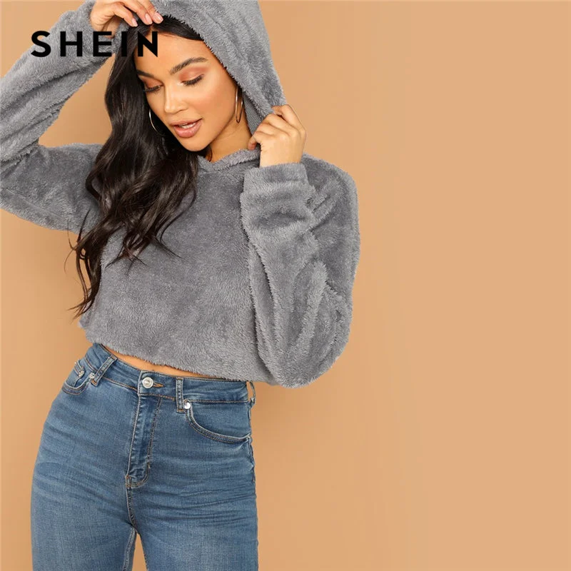 SHEIN Grey Minimalist Solid Drop Shoulder Crop Teddy Hoodie Sweatshirt Autumn Casual Fashion Women Pullovers Sweatshirts Mock Neck Pullover