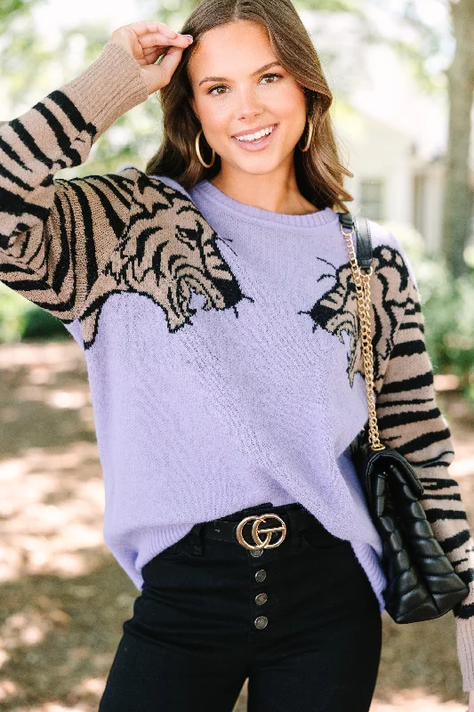 Dueling Dreams Lavender Purple Tiger Sweater Cable Knit Ribbed Knit Lace Knit