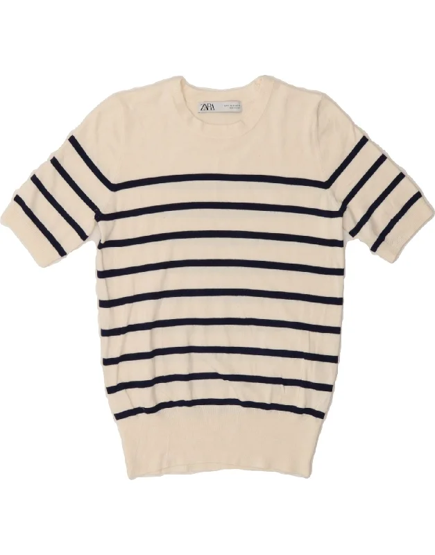 ZARA Womens Crew Neck Jumper Sweater UK 10 Small White Striped Chenille Blend Fleece Blend Nylon Blend ZARA Womens Crew Neck Jumper Sweater UK 10 Small White Striped Chenille Blend Fleece Blend Nylon Blend