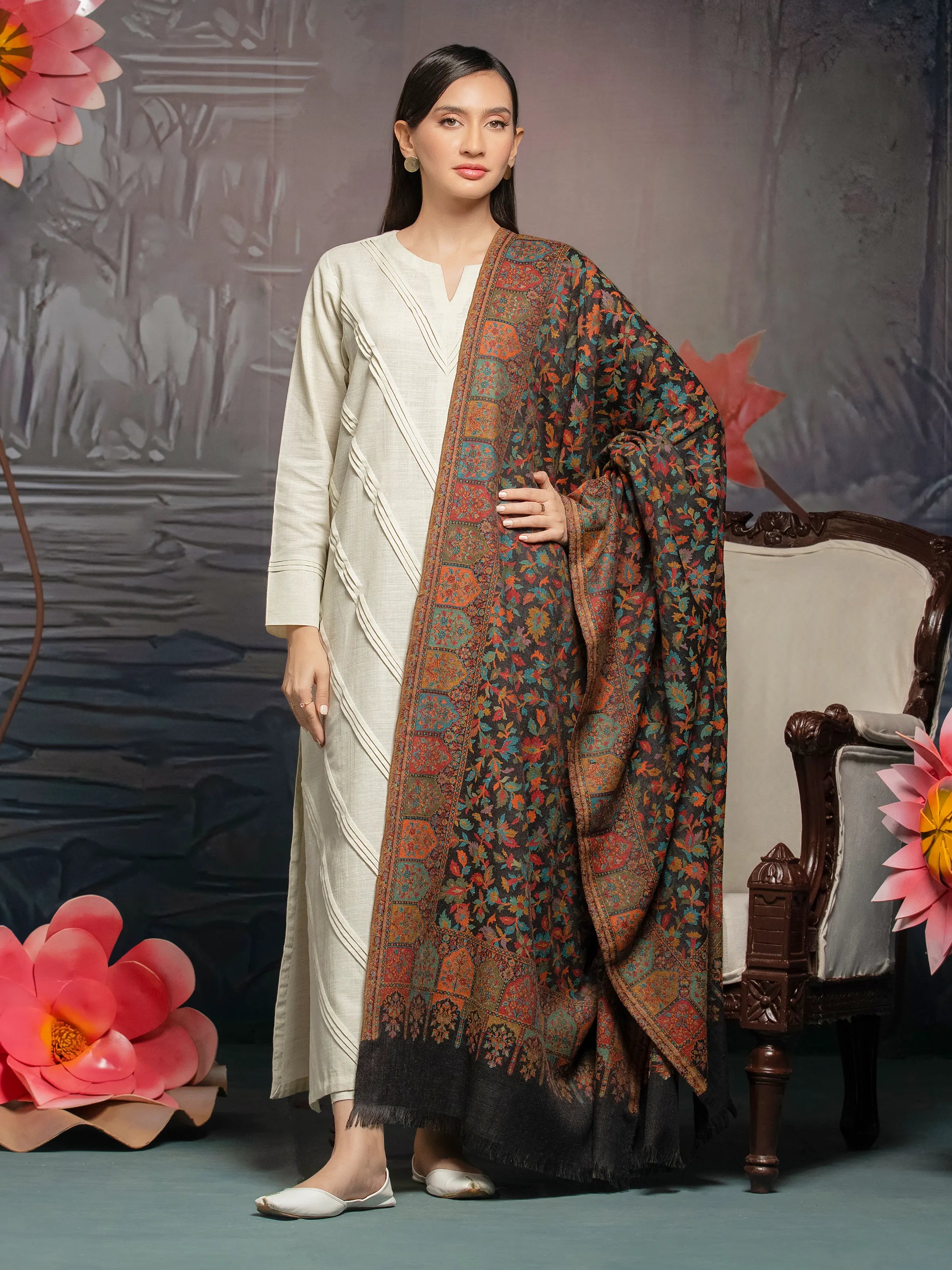 Pashmina Jacquard Zari Shawl - EWMS5-031 Soft Cashmere Shawl Poncho