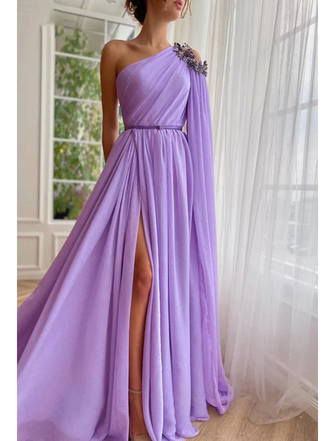 A-Line Evening Gown Elegant Dress Formal Wedding Guest Sweep / Brush Train Sleeveless One Shoulder Capes Chiffon with Slit Shawl Cozy Fleece Shawl Wrap