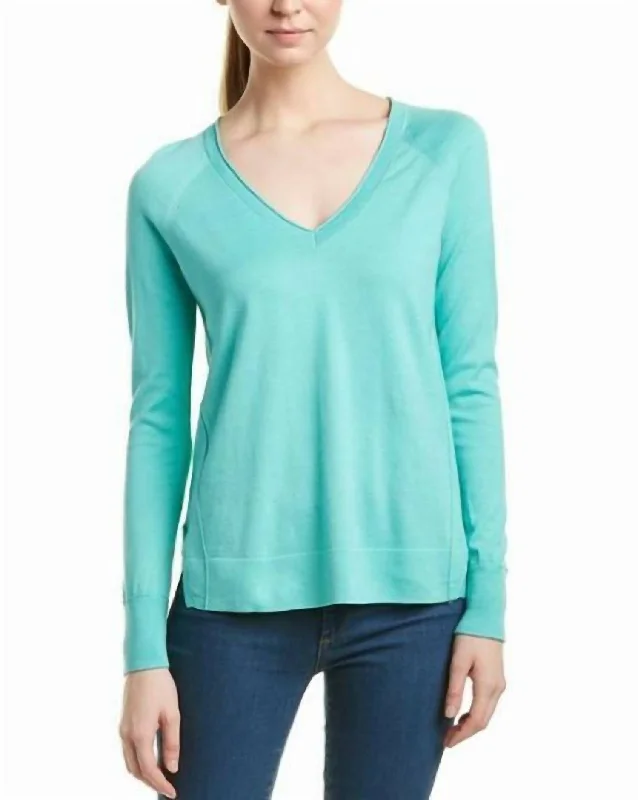 V-Neck Pullover Cotton Knit Side Slits Fit Sweater In Blue Slouchy Comfort Pullover