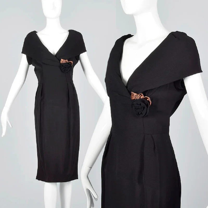 1950s Black Dress with Shawl Collar and Low Cut Front Cozy Wool Shawl Poncho