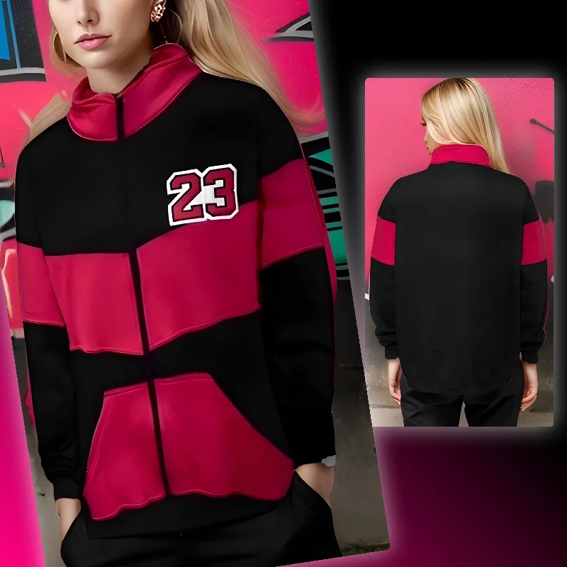 ^23^ (BLACK-HOT PINK) ZIP UP TRACK JACKETS (CUT & SEW) (UNISEX) Notch Collar Jacket Peter Pan Collar Jacket Cowl Neck Jacket