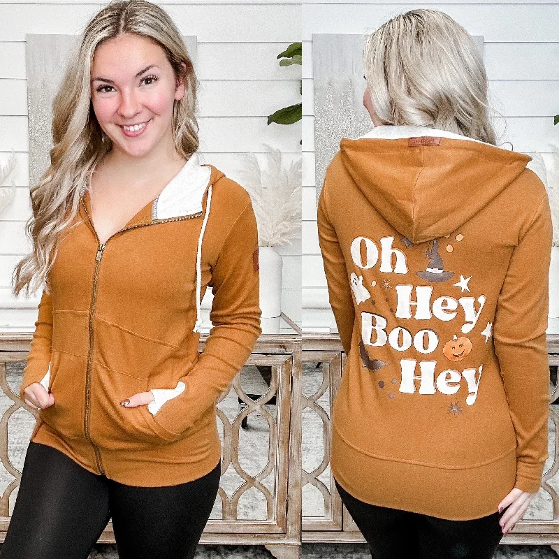 Hey Boo Ampersand Avenue Caramel Full Zip Hooded Sweatshirt Hoodie with Bell Sleeves Flared Feminine