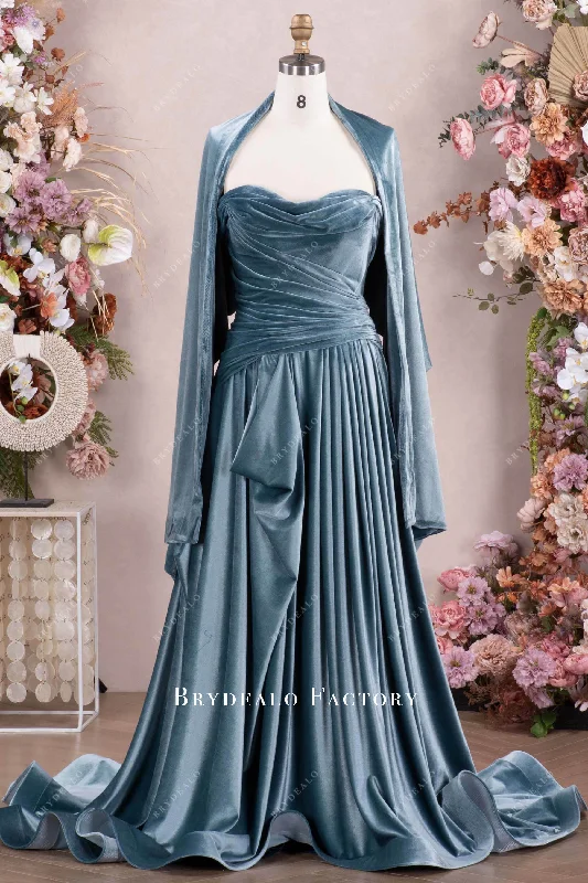 Elegant Dusty Blue Velvet Ruched Formal Dress with Shawl Warm Knit Shawl Scarf