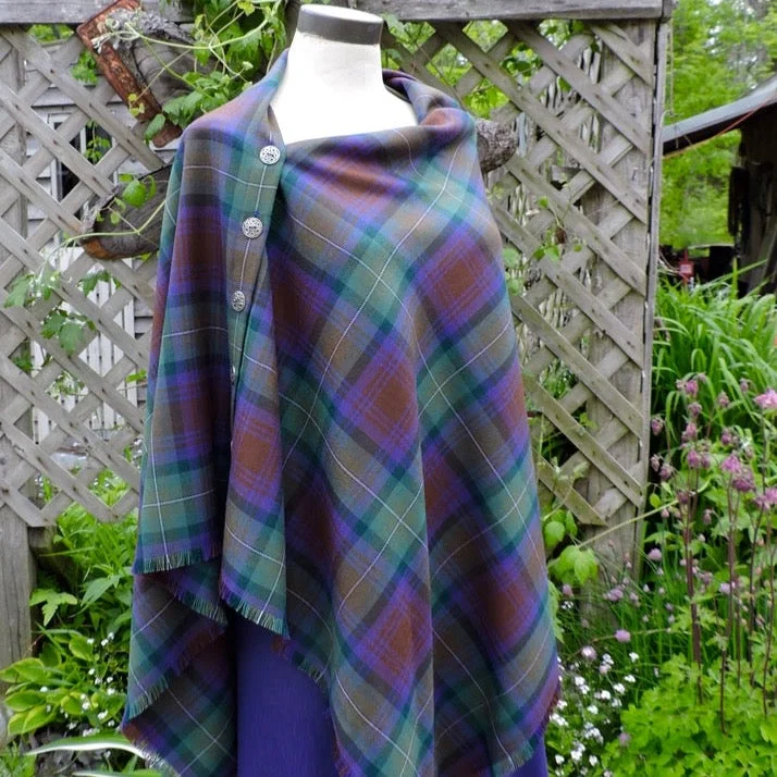 Button Shawl~100% Wool Clan Tartan Soft Knit Shawl Poncho