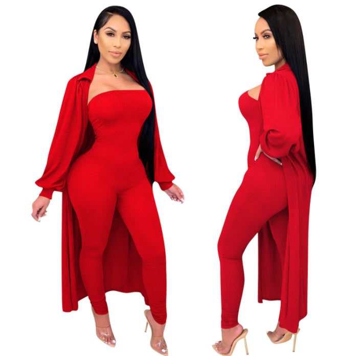 Threaded Cape Jacket and Red Jumpsuit Set V-Neck Jacket Boat Neck Jacket Square Neck Jacket