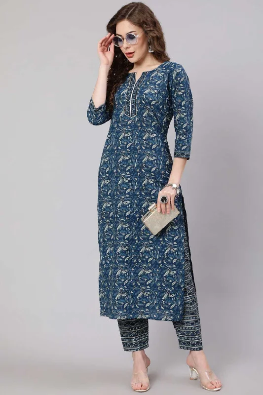 Blue Cotton Printed Straight Kurta With Trouser Skinny Trousers Denim Stretchy