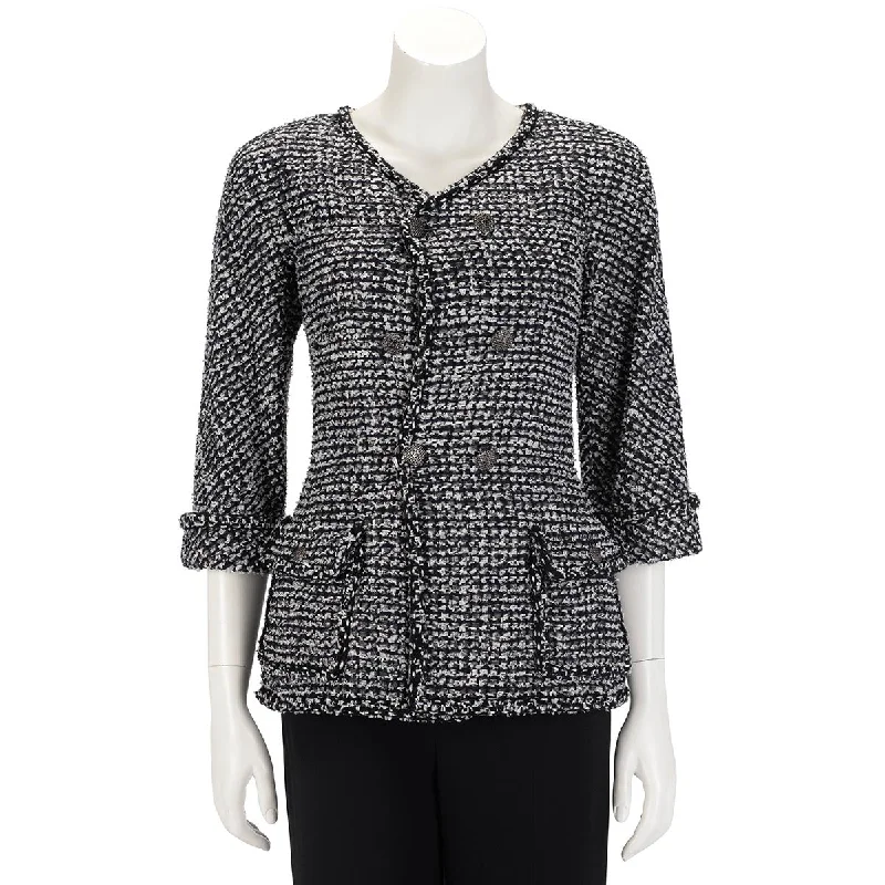 Chanel Black & White Fantasy Tweed Patch Pocket Jacket FR 36 Notch Collar Jacket Peter Pan Collar Jacket Cowl Neck Jacket