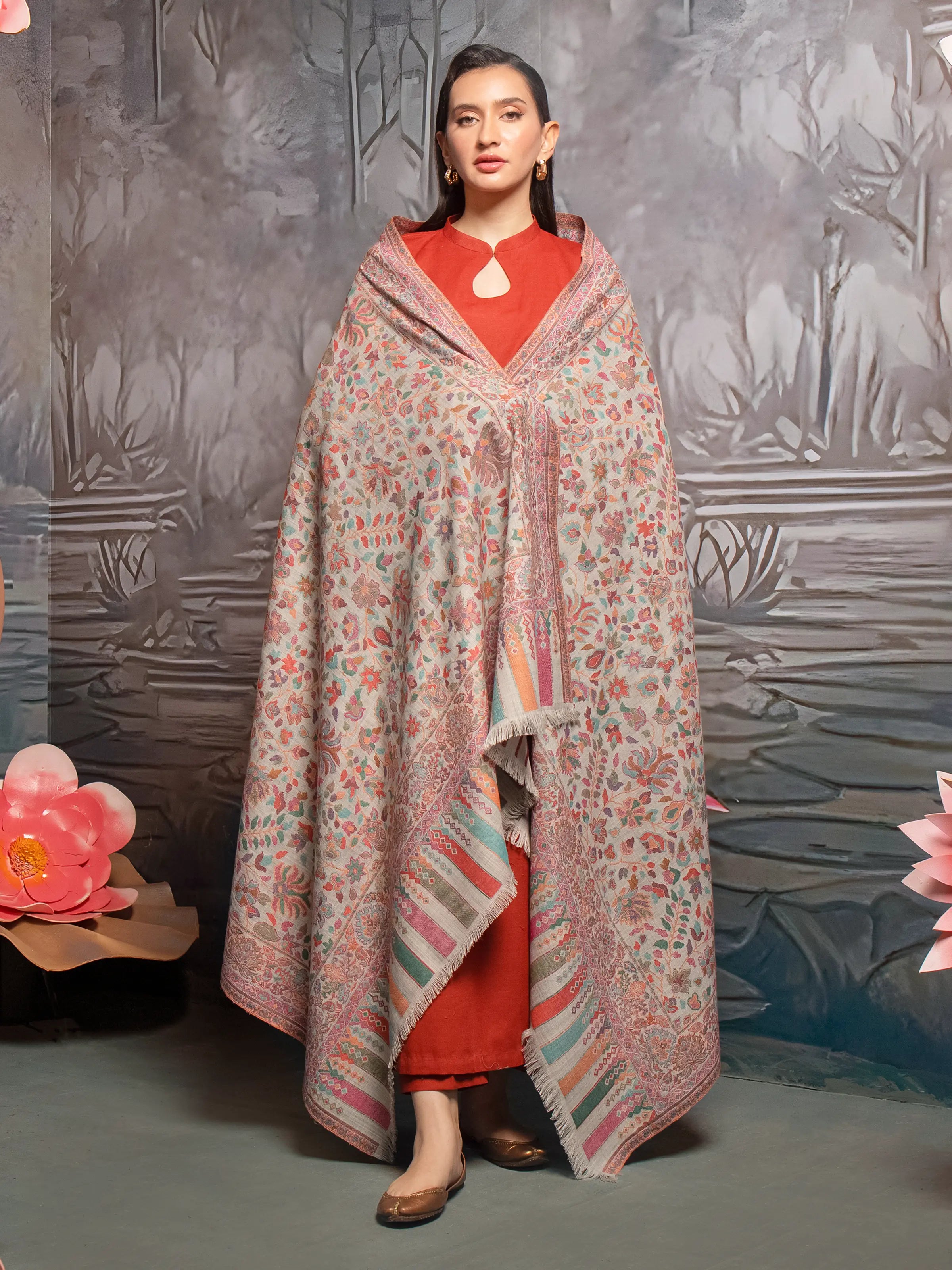Pashmina Jacquard Zari Shawl - EWMS5-023 Trendy Long Knit Shawl