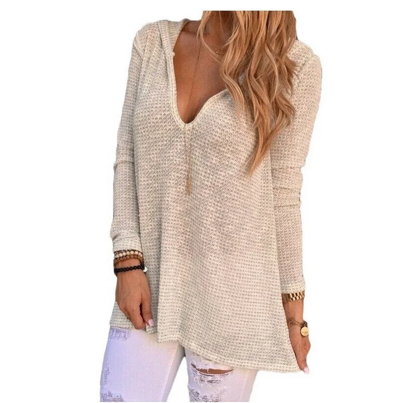 Hollow Out Beige T Shirt Women V Neck Hooded Knitwear Pullover T-shirt Stretch Tee Shirt Puff Sleeve Stylish