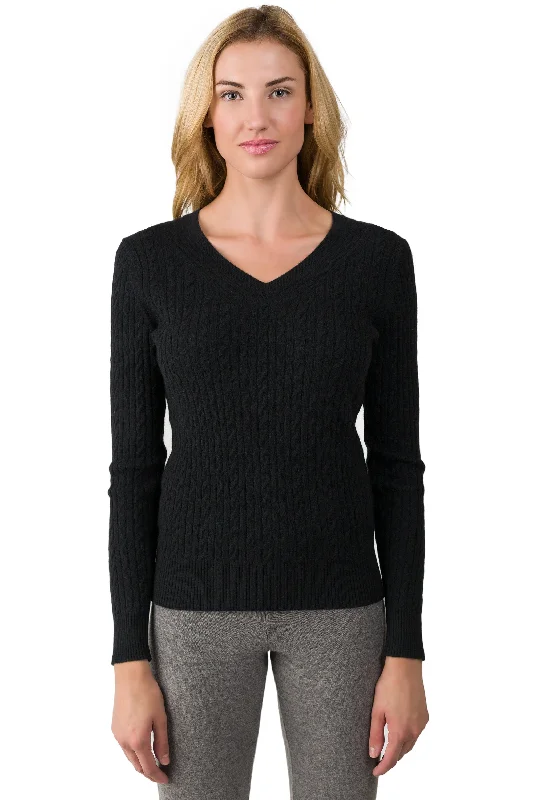 J CASHMERE By JENNIE LIU Women's 100% Cashmere Long Sleeve Pullover Cable-knit V-neck Sweater Welt Pockets Slit Pockets Flap Pockets