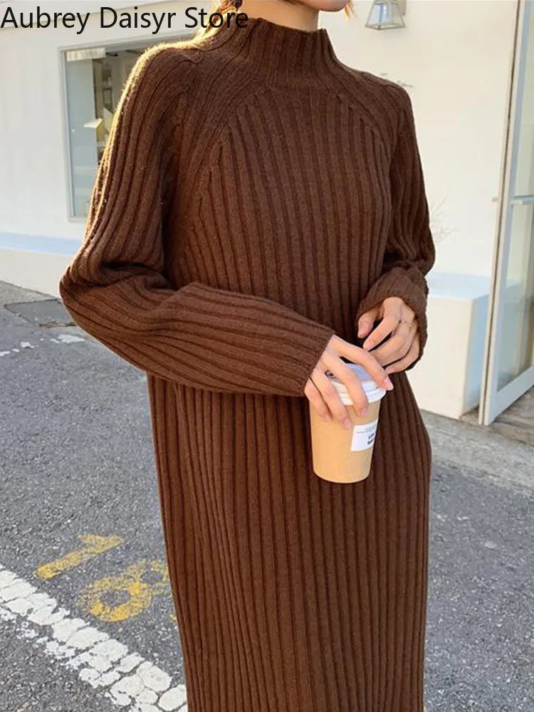 Yipinpay Vintage Long Knitted Dress Women Autumn Elegant Warm Black Sweater Dress Female Casual Bodycon Chic Fashion Y2k Dress New Glossy Satin Silk