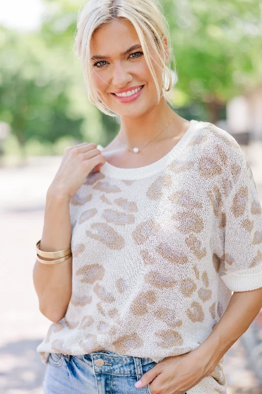 All The Feelings Ecru White Leopard Sweater Ribbed Striped Patterned