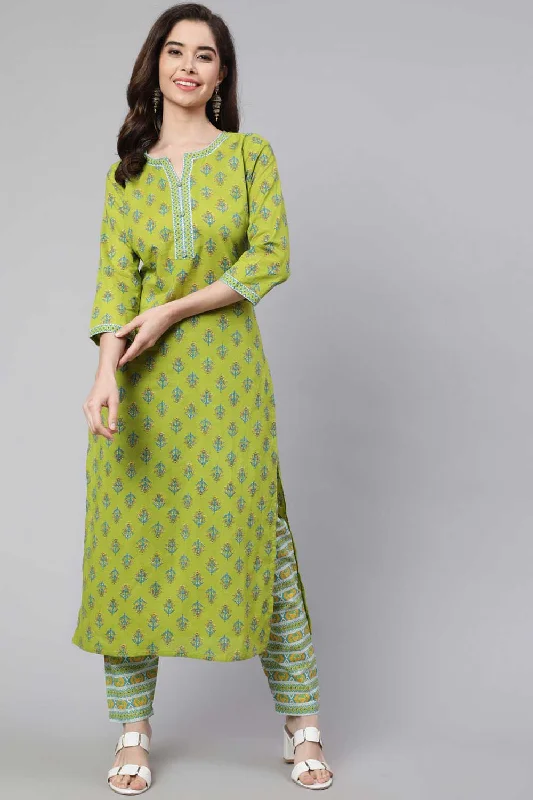 Green Cotton Ethnic Printed Straight Kurta With Trouser Wide Leg Loose Fit Mid Waist