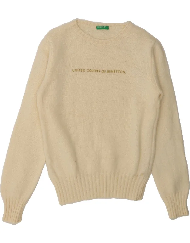 BENETTON Womens Graphic Boat Neck Jumper Sweater UK 12 Medium Beige Solid Color Striped Floral Print BENETTON Womens Graphic Boat Neck Jumper Sweater UK 12 Medium Beige Solid Color Striped Floral Print
