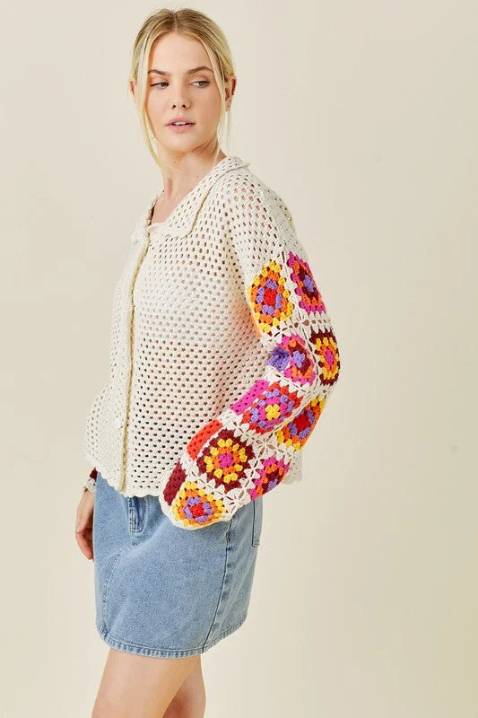 Sweater Knit Cardigan With Crochet Patch Layered Multi-layer Single Layer