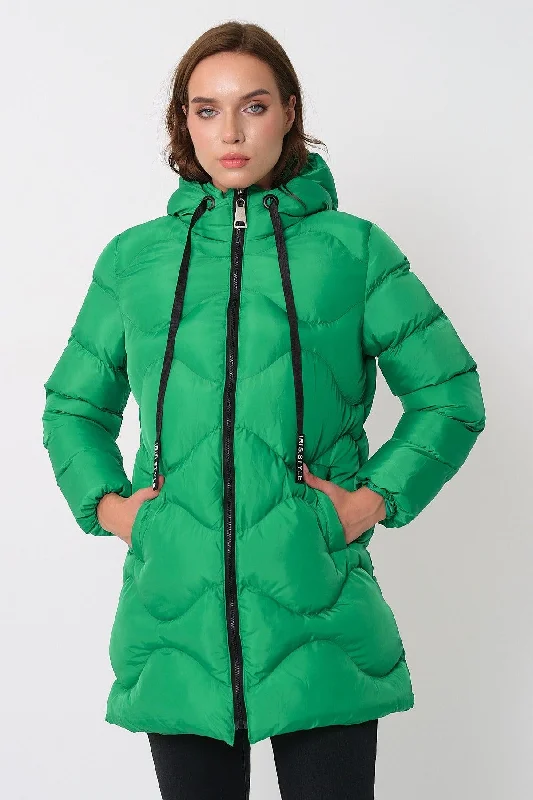 Women's Green Hooded Cord Detailed Down Jacket One-Shoulder Jacket Off-the-Shoulder Jacket Asymmetrical Jacket