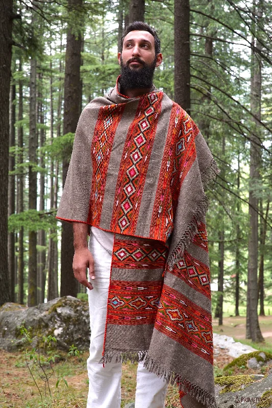 Kullu Shawl with Tribal Pattern ~ Pure Wool Trendy Bohemian Shawl Cape