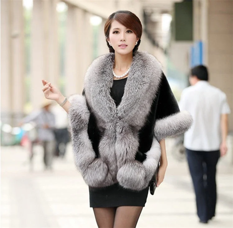 New Faux Fur Shawl Women's Coat Fox Luxurious Silk Shawl Cape