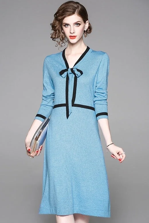 V Neck Sweater Dress W/ Tie Fleece Sweater Nylon Polyester