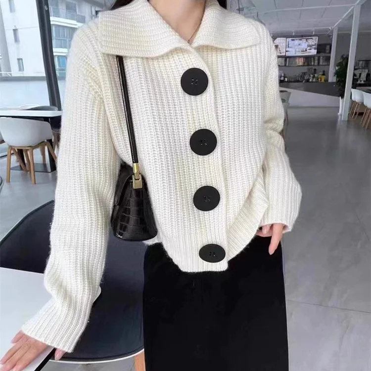 Women Fashion Winter Solid Color Button Lapel Knitted Sweater Oversized Loose Flowy