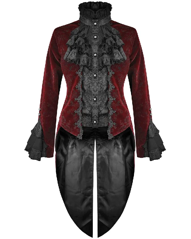 Devil Fashion Athanasius Womens Gothic Tailcoat Jacket - Red & Black Damask Plaid Jacket Tartan Jacket Houndstooth Jacket