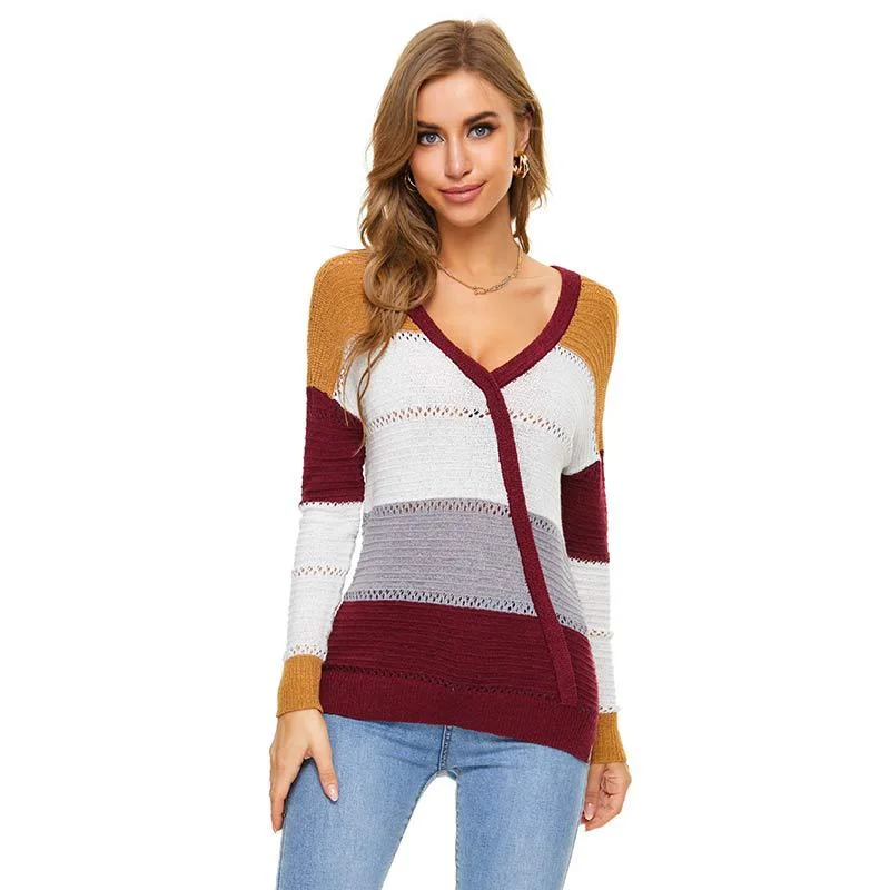 Women Casual Loose V-Neck Color Blocking Knitted Sweater Iron Safe Non-Iron Wrinkle Free