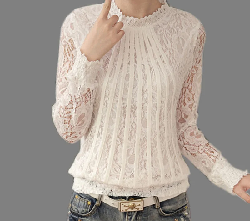 Lace Chiffon Women Blouse Shirt Long Sleeve Pullover Hallow out Stand Tops for Women Lantern Sleeve Elegant