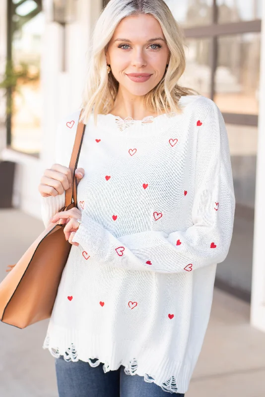 Full Of Love Ivory White Heart Sweater Lace Blend Ribbed Blend Corduroy Blend