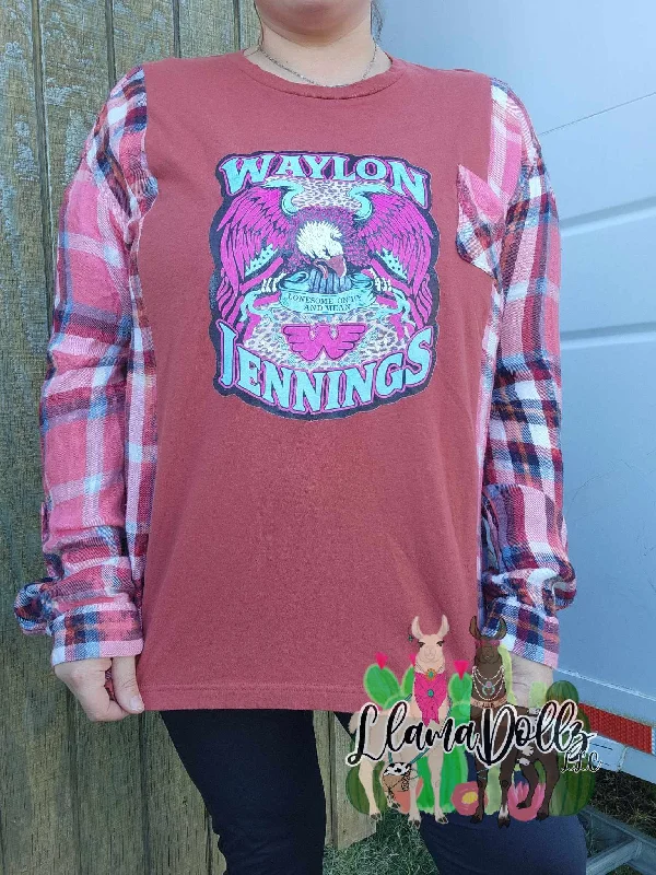 Waylon Jennings Upcycled Tshirt & Flannel Pullover Puff Sleeve Stylish