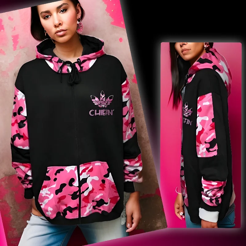 ^CHIEFIN’ ADI-FEATHER^ (PINK CAMOUFLAGE) ZIP UP TRACK JACKETS (CUT & SEW) Wool Fabric Cashmere Fabric Tweed Fabric