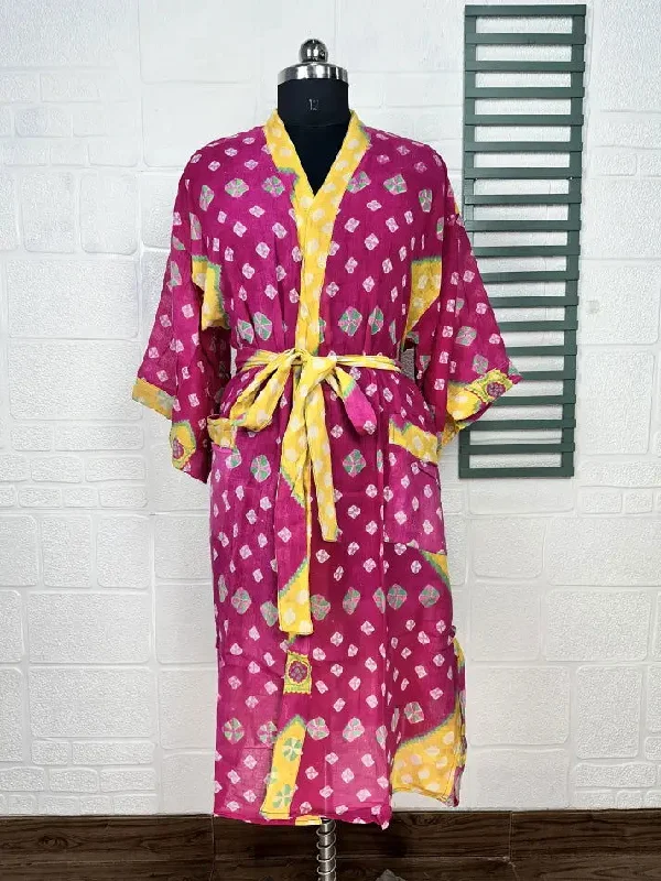 Recycled Pure Cotton Vintage Kimono Open Jacket Boho Summer TieDye House Robe, Beach Coverup | Pink Yellow Geometric Style Print Cotton Fabric Linen Fabric Terry Fabric