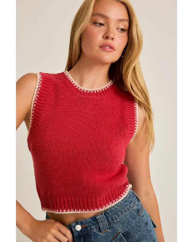 Cassidie Sweater Tank Raspberry Ivory Ribbed Striped Patterned