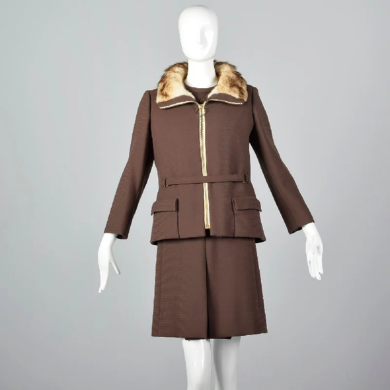 1960s Brown Wool Dress with Muskrat Fur Lined Jacket Welt Pockets Slit Pockets Flap Pockets 1960s Brown Wool Dress with Muskrat Fur Lined Jacket Welt Pockets Slit Pockets Flap Pockets