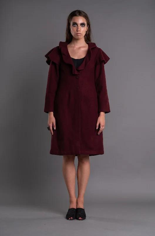 Shawl Collar Ruffle Coat Dress - Dag Dai Fashionable Wool Shawl Cape