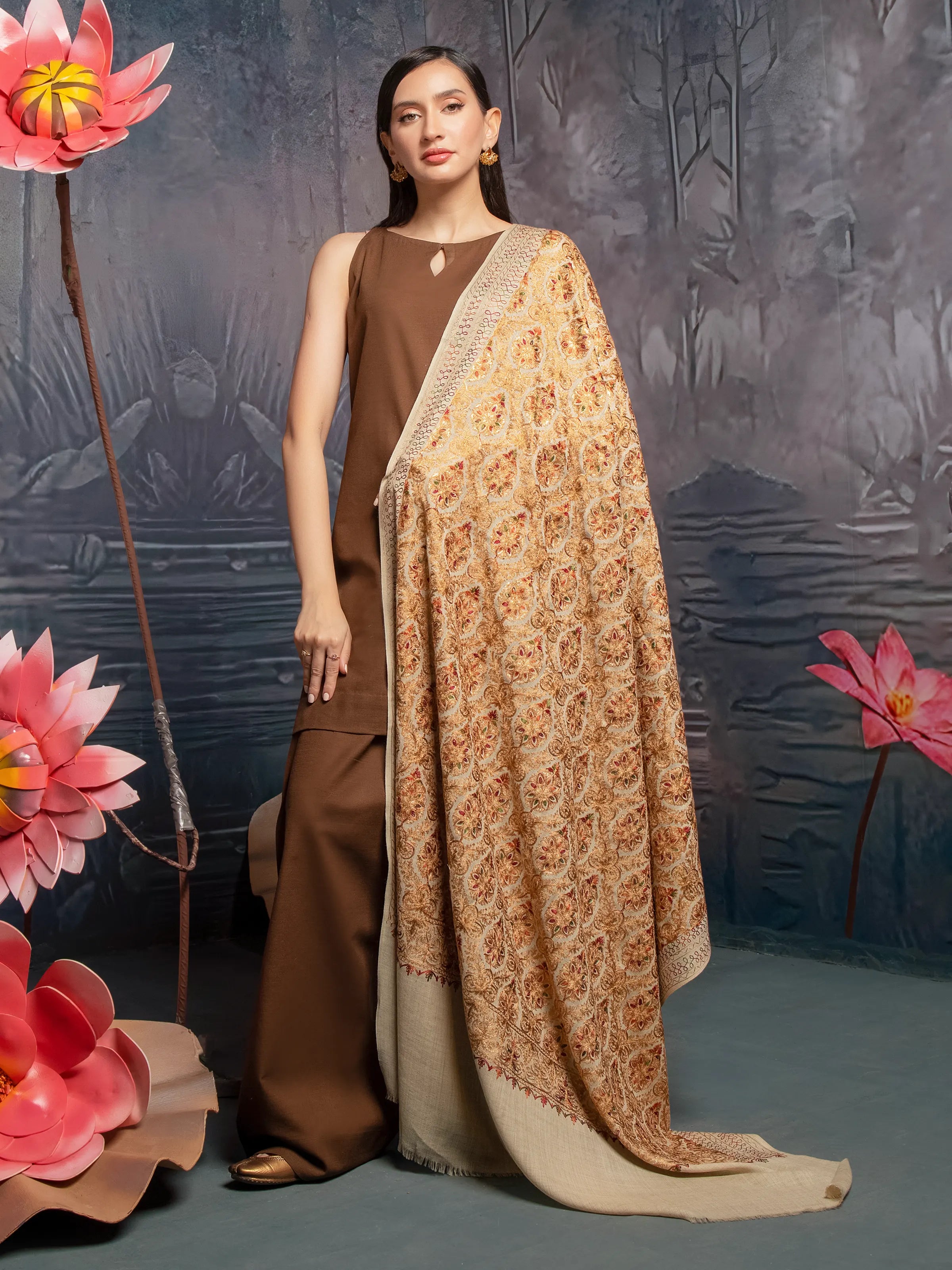 Embroidered Pashmina Jacquard Zari Shawl - EWMSE5-006 Cozy Plaid Shawl Scarf