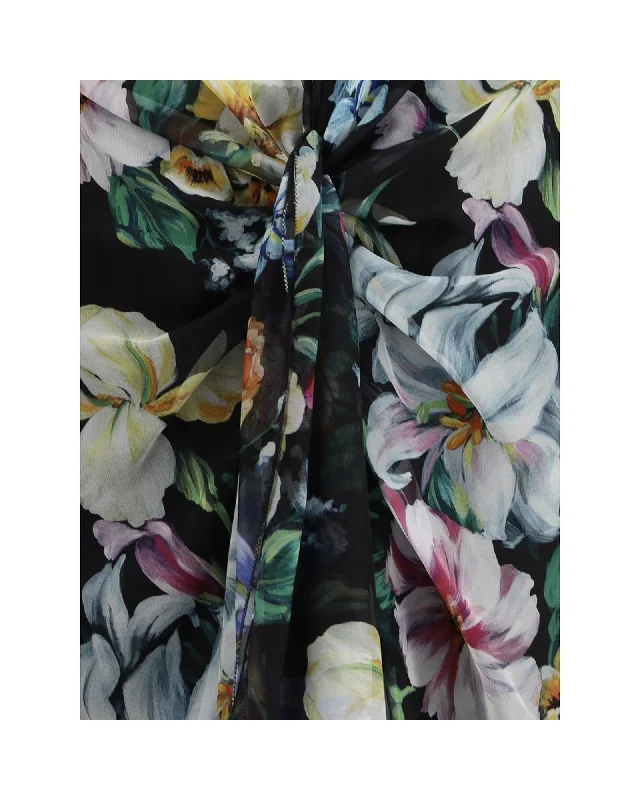 Dolce & Gabbana Long Flower Chiffon Dress with Shawl V-Neckline and Center Slit Elegant Pashmina Shawl Cape