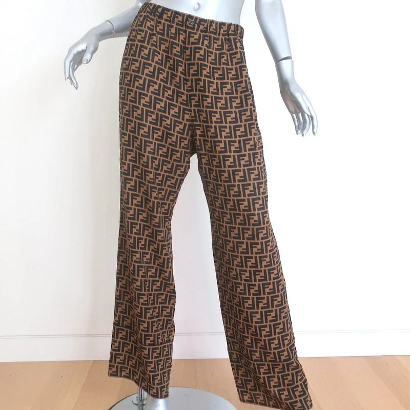 Fendi FF Logo Print Pajama Trousers Brown/Black Silk Twill Size 44 Trousers Harem Relaxed Fit