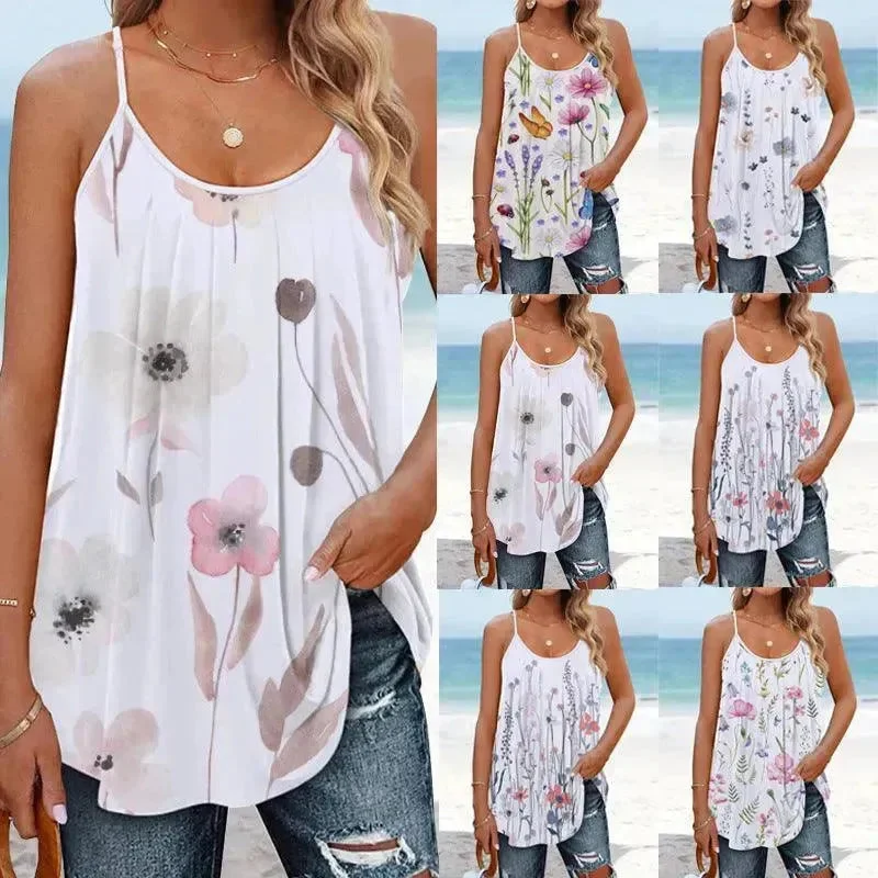 Casual Round Neck Pullover Digital Printing Women's Top Strappy T-shirt Besom Neck Pullover