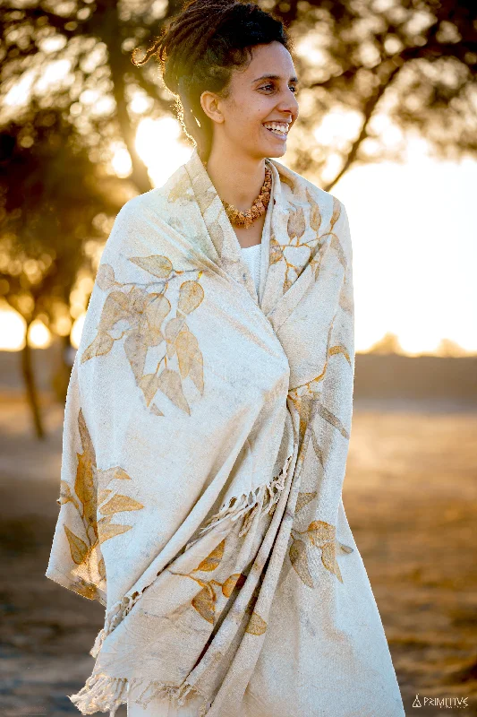 Leaves Printed Shawl ⋙ Raw Silk ⋙ Botanical Eco Print Shawl Classic Lace Shawl Wrap