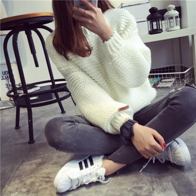 Women Sweater Thick Coarse Wool Knitted Lantern Sleeve Tops Fashion Casual For Knitted Pullover Sweater Crew Neck Wool