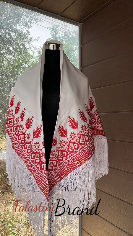 White Shawl with High Quality Machine Embroidery and Fringe Hem Chic Cotton Shawl Wrap