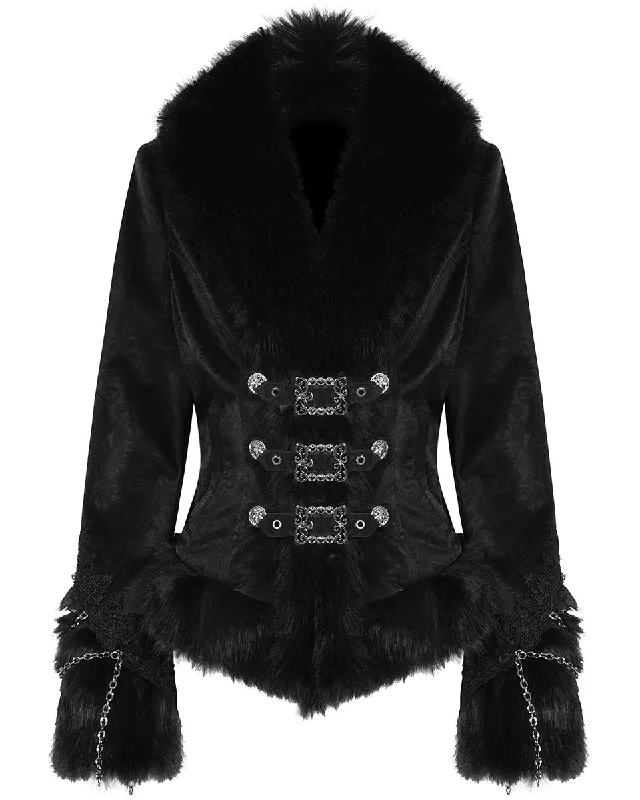 Devil Fashion Womens Gothic Punk Chained Fur Trim Velvet Winter Jacket Insulated Jacket Fitted Jacket Loose Jacket