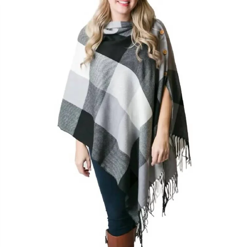 Check Plaid Button Fringe Poncho Shawl Scarf In Black/white Casual Cotton Shawl