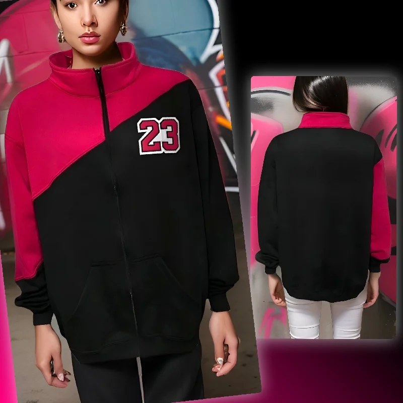 ^23^ (BLACK-HOT PINK) ZIP UP TRACK JACKETS (CUT & SEW) (UNISEX) Hooded Jacket Caped Jacket Shawl Collar Jacket