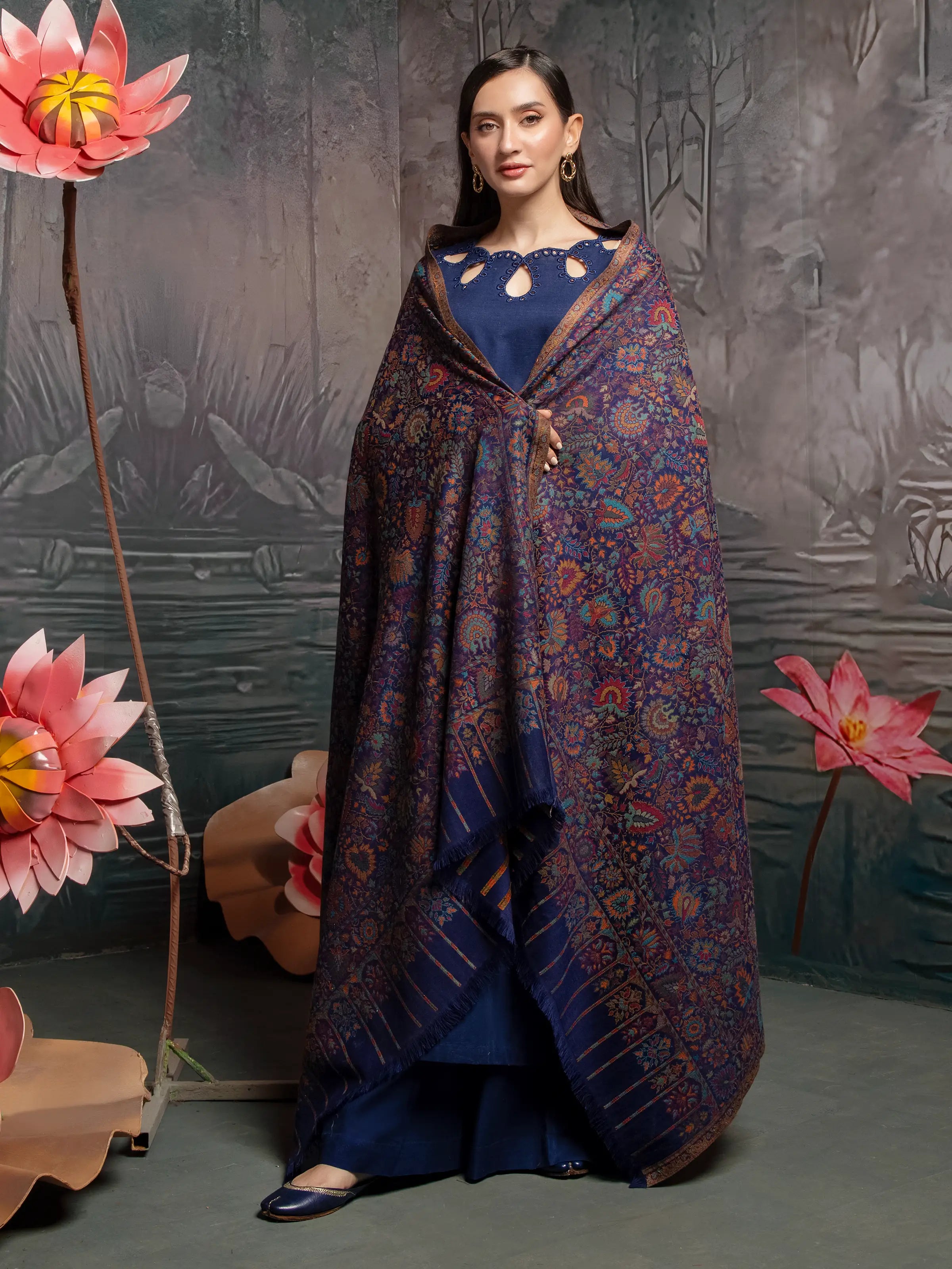 Pashmina Jacquard Zari Shawl - EWMS5-044 Trendy Oversized Shawl Cape